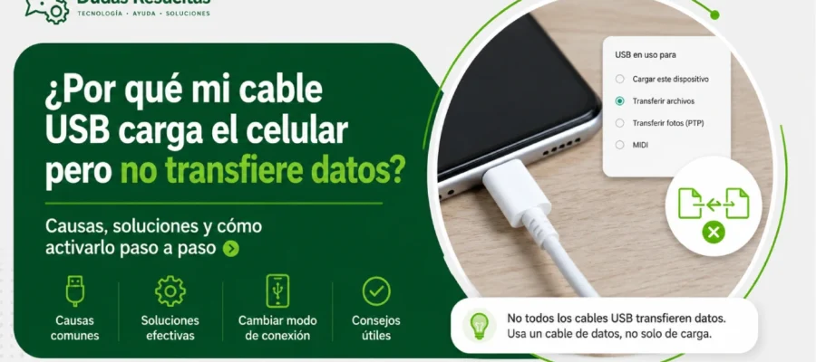 ¿Por qué mi cable USB carga el celular pero no transfiere datos?