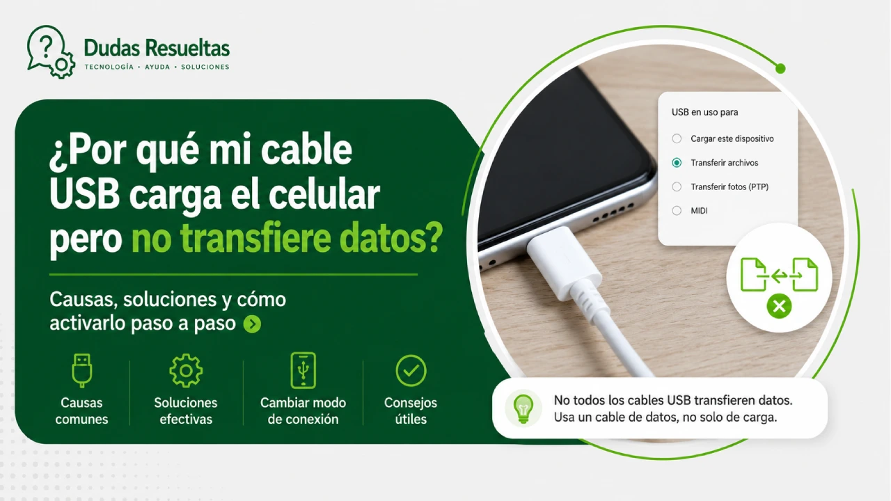 ¿Por qué mi cable USB carga el celular pero no transfiere datos?